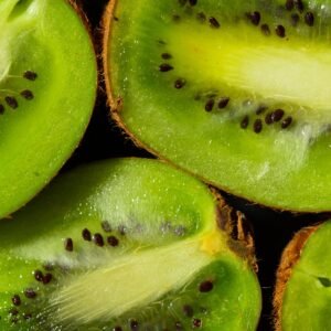 Home Vibrant kiwi slices showcasing texture and seeds, ideal for healthy food themes.
